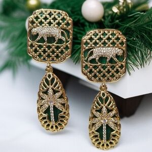 18k Gold Plated Malachite Panther Palm Tree Lattice Oversized Earrings